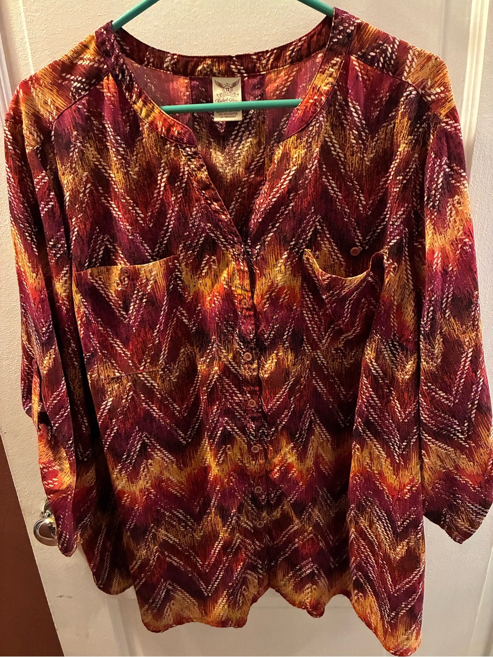 Faded Glory Button-Front Blouse in Burgundy, Mustard & Gold Print